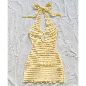 Yellow Smocked Halter Mini Dress Textured Bodycon Keyhole Backless Summer